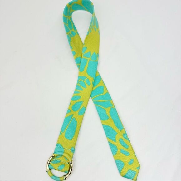 J. Crew Teal Lime Linen Abstract Print Gold Tone Buckle  Adjustable Fabric Belt - Picture 5 of 12